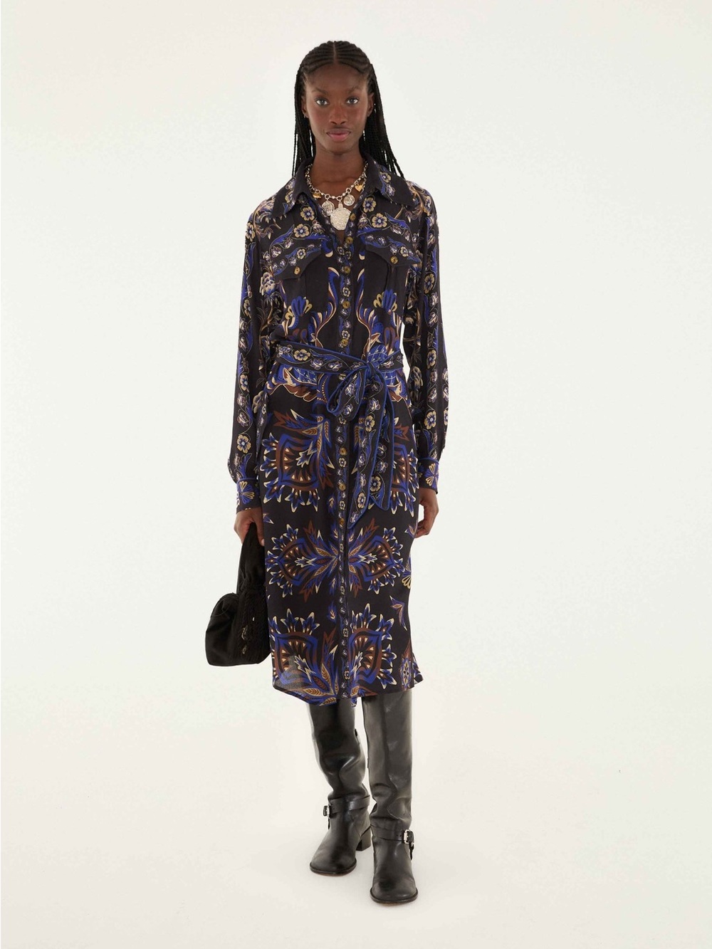 Farm Rio Black Arabesque Mix Scarves Midi Dress